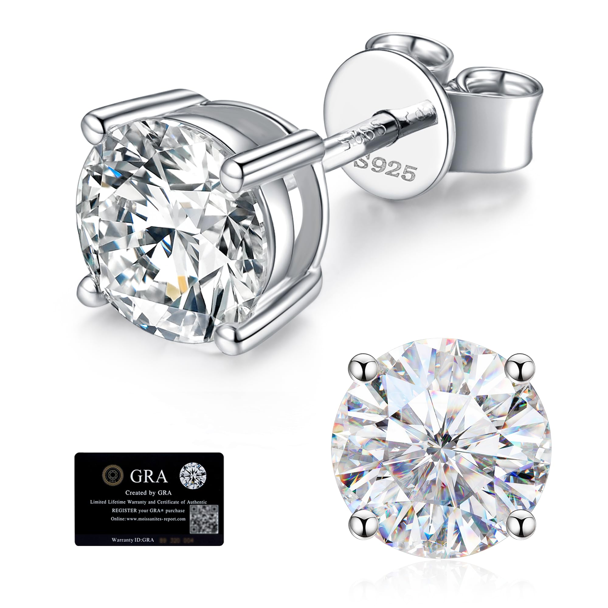 Moissanite Stud Earrings for Women, 925 Sterling Silver Earrings, 18K White Gold Plating earrings for Men (0.6-4ct)
