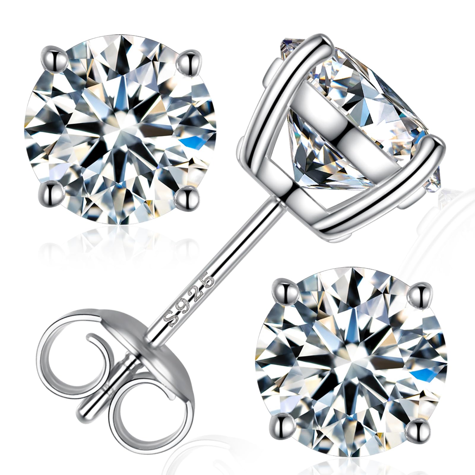 Moissanite Stud Earrings, Round Cut D Color VVS1 Clarity Lab Created Moissanite Earrings Studs 18K White Gold Plated 925 Sterling Silver Jewelry for Women Men