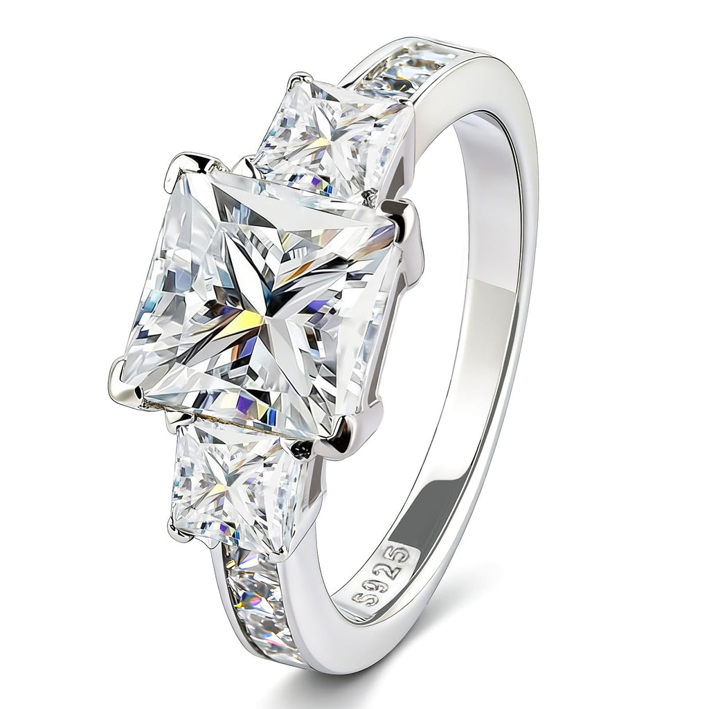 3 Stone Moissanite Engagement Rings for Women, Wedding Promise Ring | Princess Cut 3.5 CT TW, D Color VVS1, 925 Sterling Silver, Anniversary, Past Present Future 3 Stone Design, Certificate