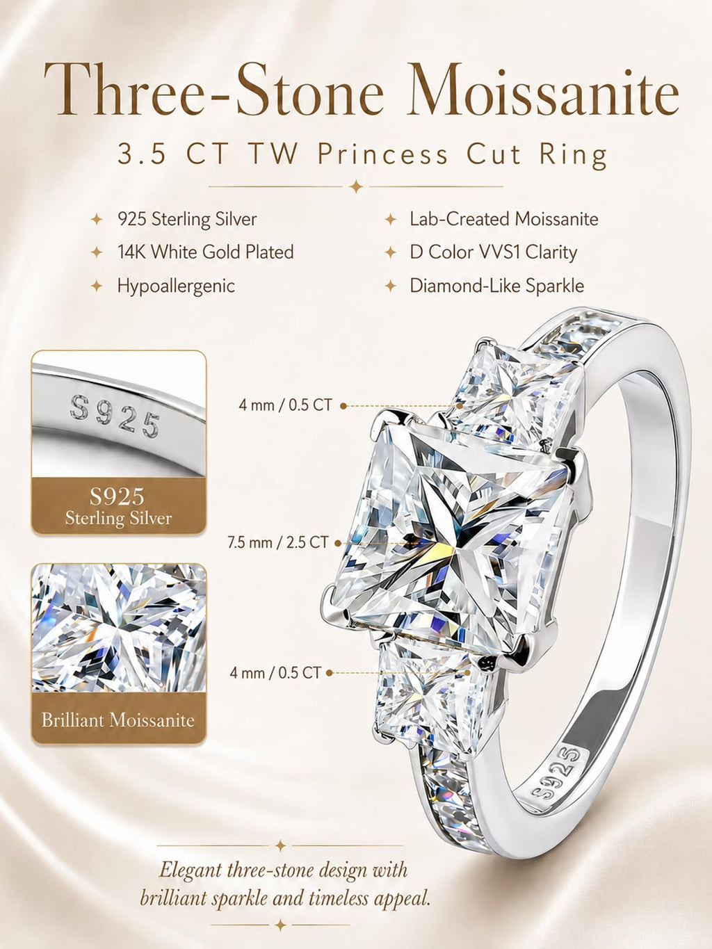 3 Stone Moissanite Engagement Rings for Women, Wedding Promise Ring | Princess Cut 3.5 CT TW, D Color VVS1, 925 Sterling Silver, Anniversary, Past Present Future 3 Stone Design, Certificate