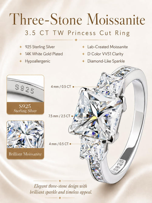 3 Stone Moissanite Engagement Rings for Women, Wedding Promise Ring | Princess Cut 3.5 CT TW, D Color VVS1, 925 Sterling Silver, Anniversary, Past Present Future 3 Stone Design, Certificate