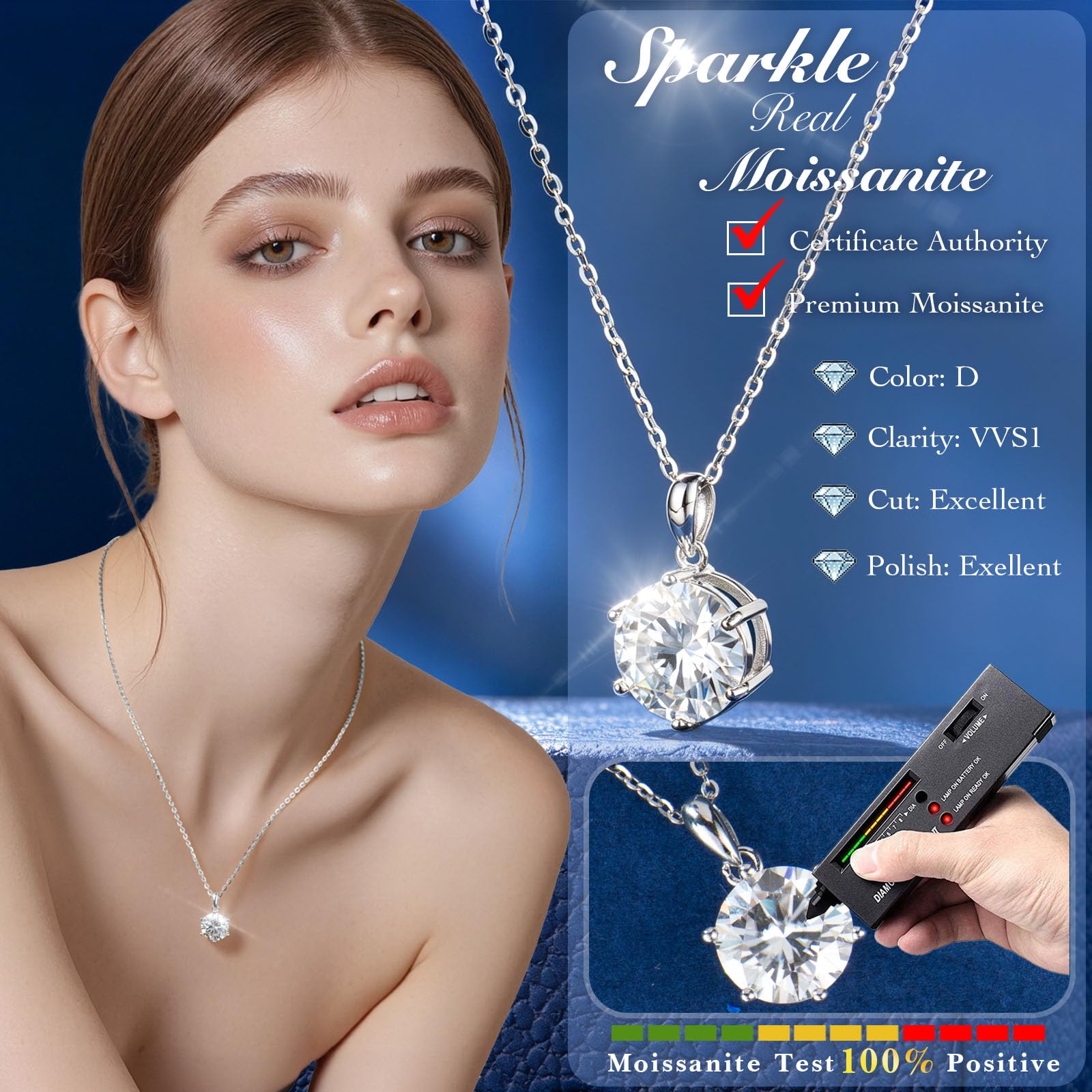 Moissanite Pendant Necklace for Women, 1-5CT 925 Sterling Silver D Color Necklace with Certificate of Authenticity