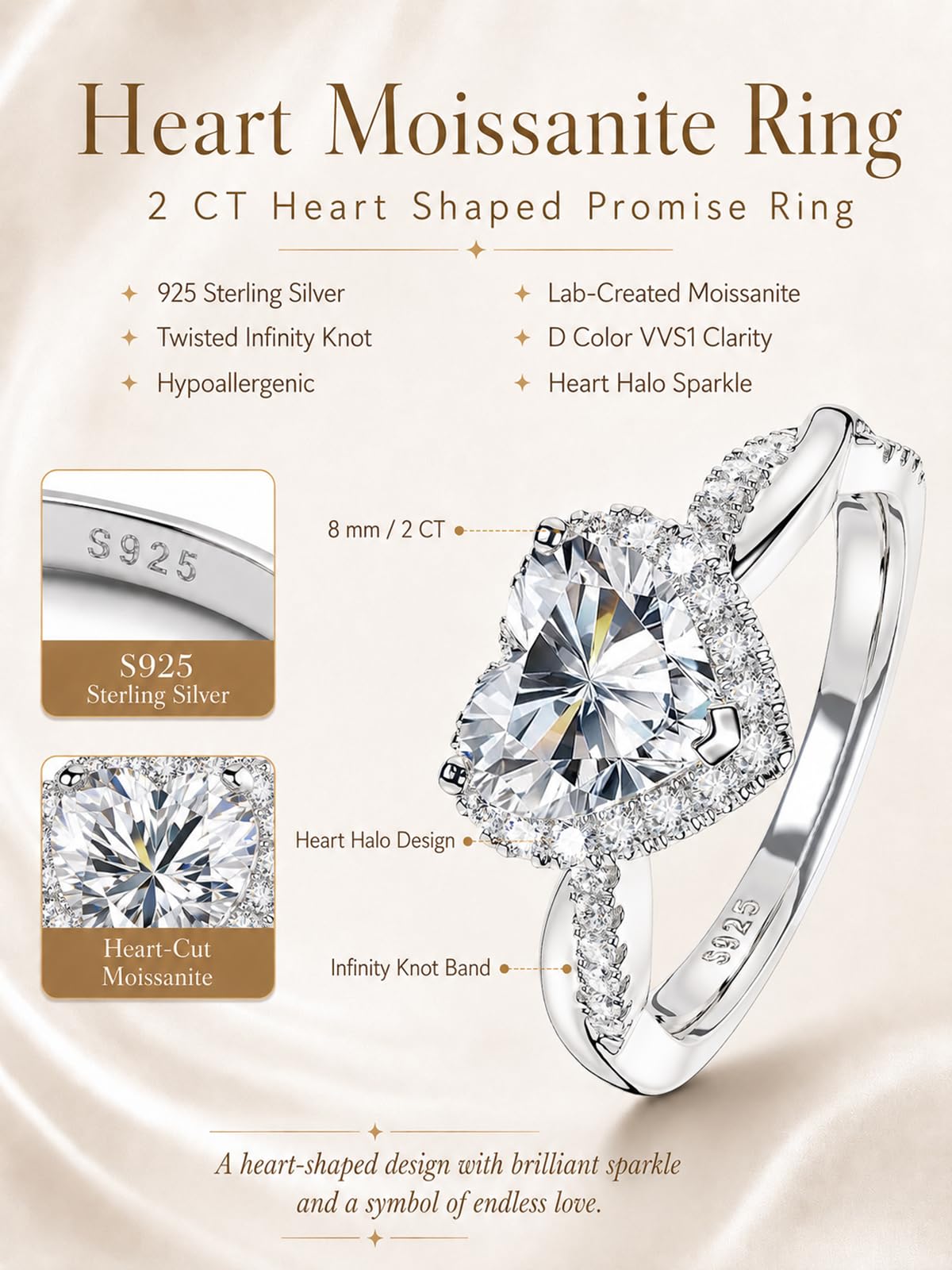 Heart Moissanite Promise Rings for Her, Engagement Rings for Women | 2CT D Color VVS1, 925 Sterling Silver, Heart Shaped Halo Solitaire, Twisted Infinity Knot, Wedding Anniversary, Certificate