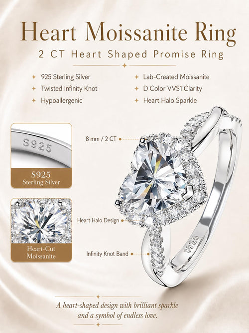 Heart Moissanite Promise Rings for Her, Engagement Rings for Women | 2CT D Color VVS1, 925 Sterling Silver, Heart Shaped Halo Solitaire, Twisted Infinity Knot, Wedding Anniversary, Certificate