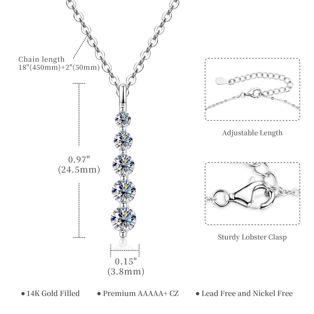 Moissanite Drop Pendant Necklace for Women, 0.92 CT 14K Gold Filled 5-Stone Round Pendant, Trendy Jewelry Gift for Wife Mother Birthday Anniversary Valentines Wedding