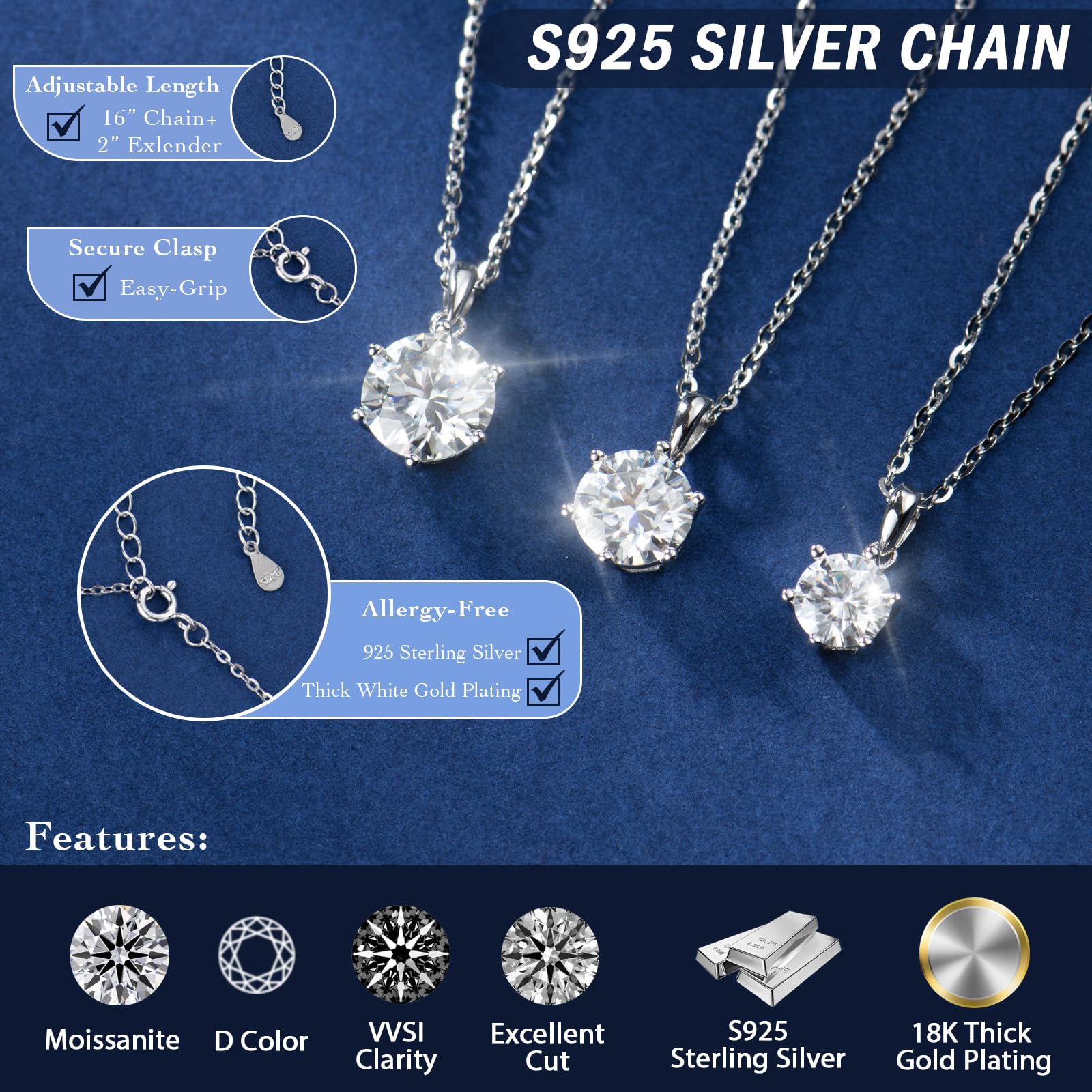 Moissanite Pendant Necklace for Women, 1-5CT 925 Sterling Silver D Color Necklace with Certificate of Authenticity