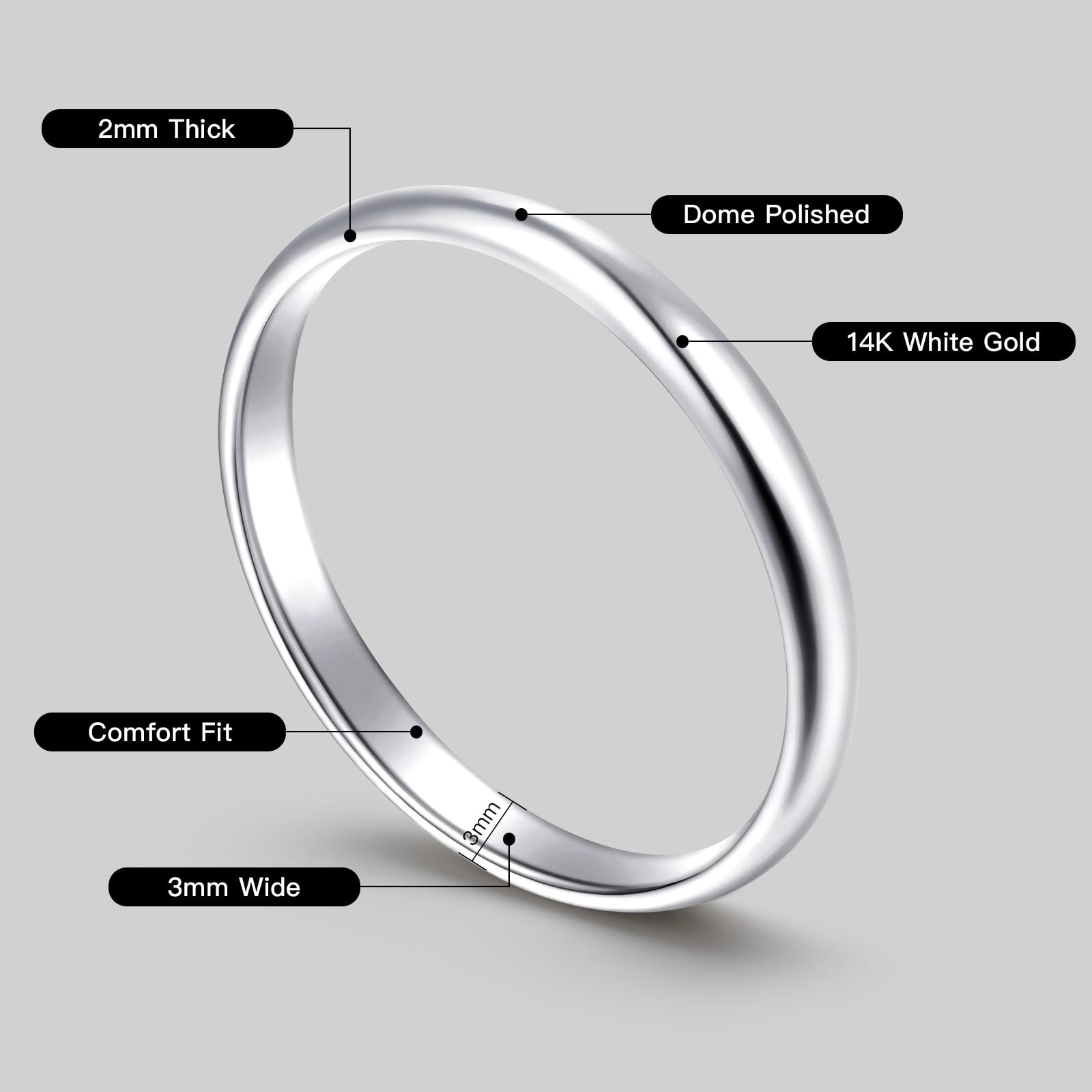 14K White Gold Plated Wedding Bands for Women, 3mm Comfort Fit Dome Polished Plain 925 Sterling Silver Ring, Anniversary Engagement Promise Gift for Her