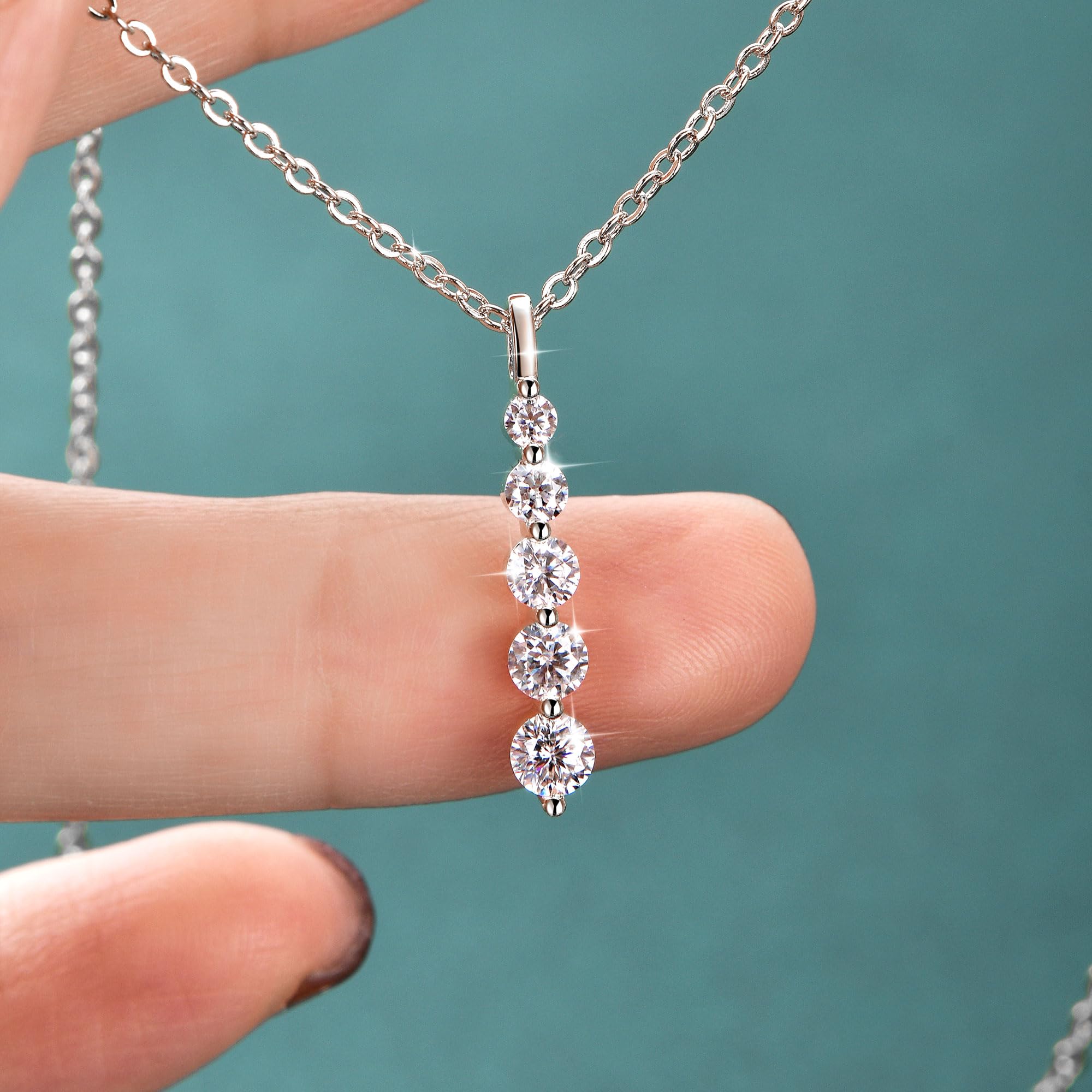Moissanite Drop Pendant Necklace for Women, 0.92 CT 14K Gold Filled 5-Stone Round Pendant, Trendy Jewelry Gift for Wife Mother Birthday Anniversary Valentines Wedding