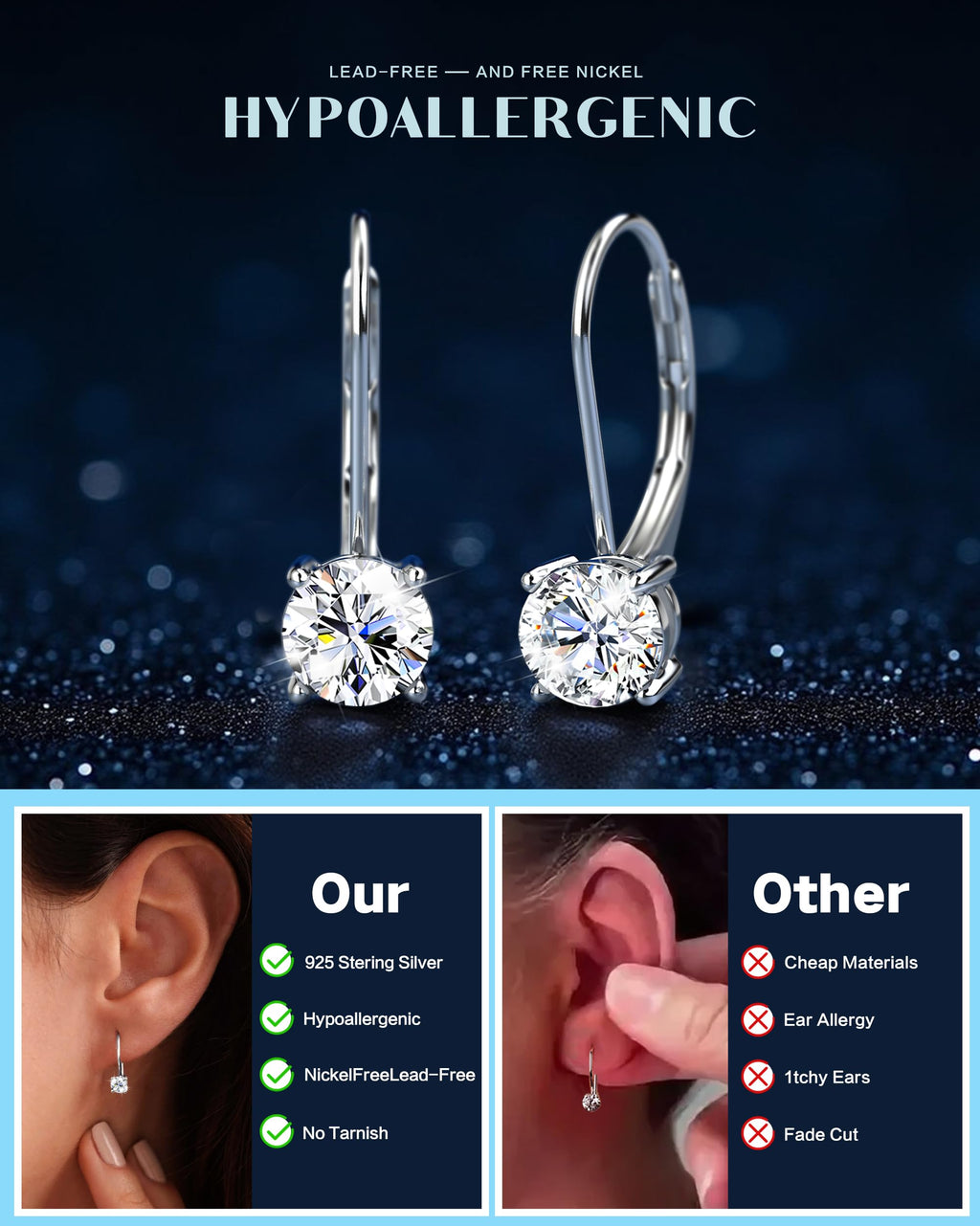 Moissanite Earrings,1.0ct-2.0ct D Color Brilliant Round Cut Earring 18K White Gold Plated Sterling Silver Dangle Earrings Moissanite Leverback Drop Earring s
